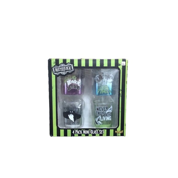 Warner Bros. Beetle Juice 4 Pack Mini Glass Shot Glasses Set NIB - Picture 1 of 3